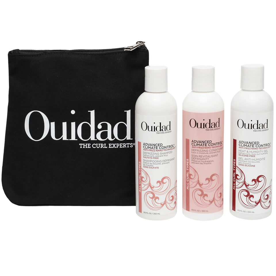 Ouidad front packaging showing the three-piece kit and travel-friendly canvas bag