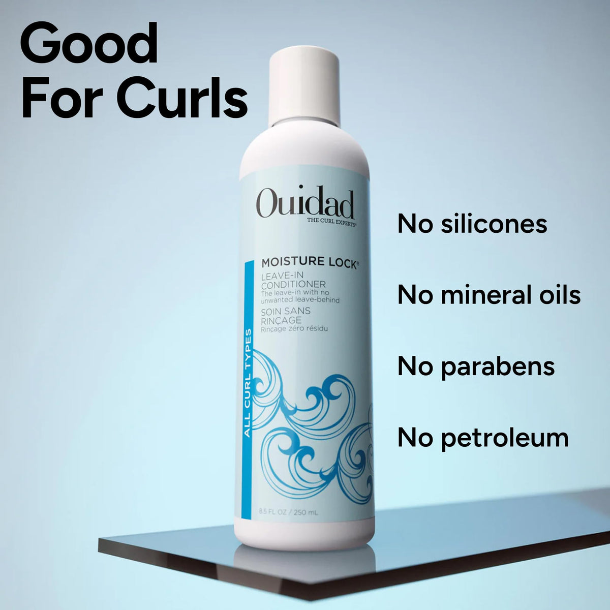 Bathroom shelf lifestyle shot featuring Ouidad for daily curl routine