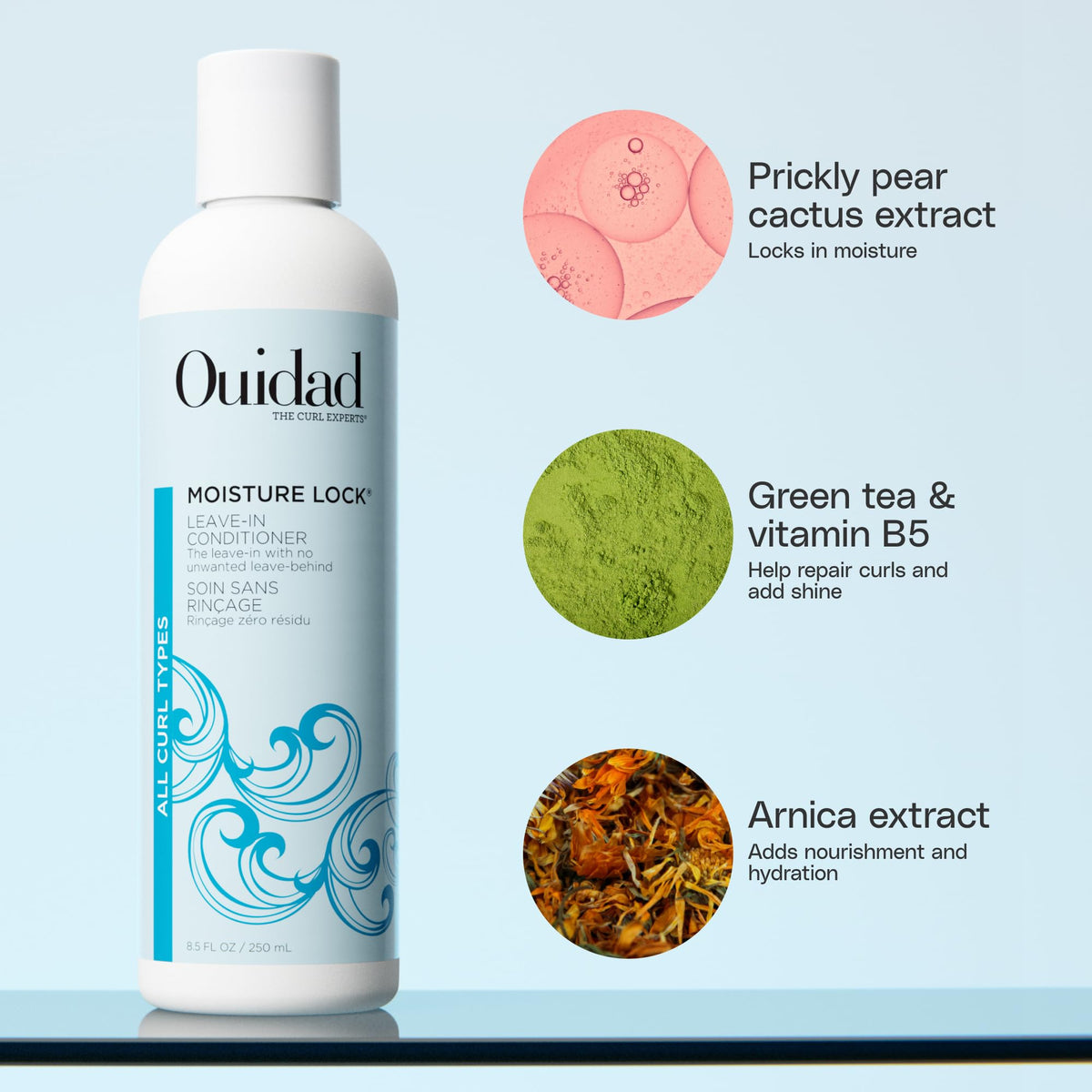 Close-up on Ouidad label and pump showing ingredient highlights