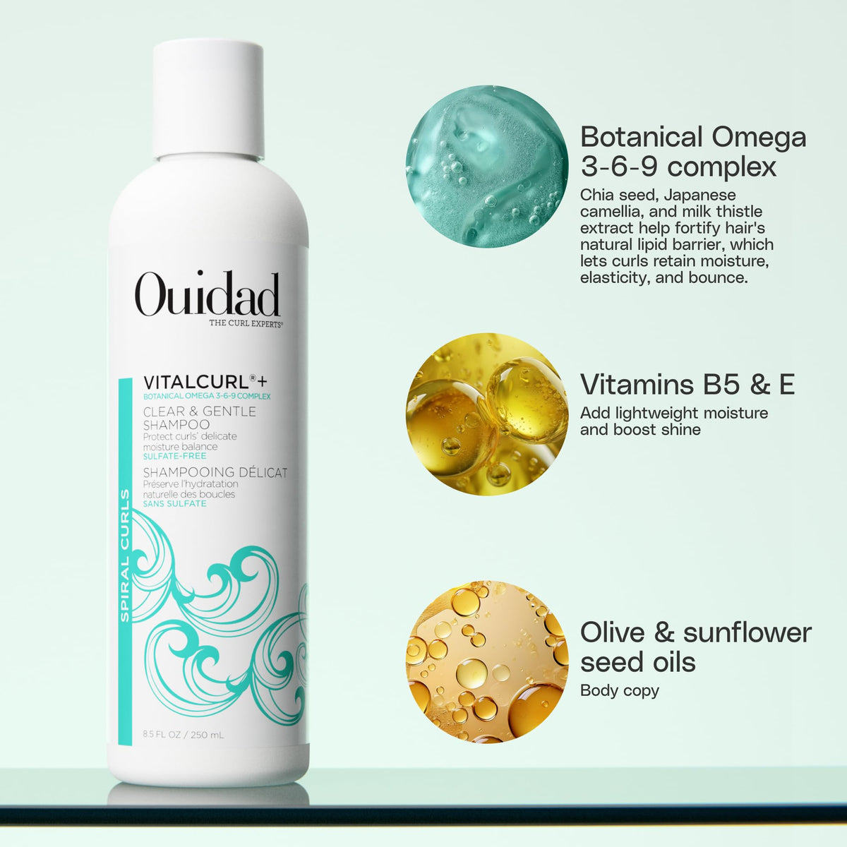 Ouidad label close-up highlighting ingredients and gentle formula benefits