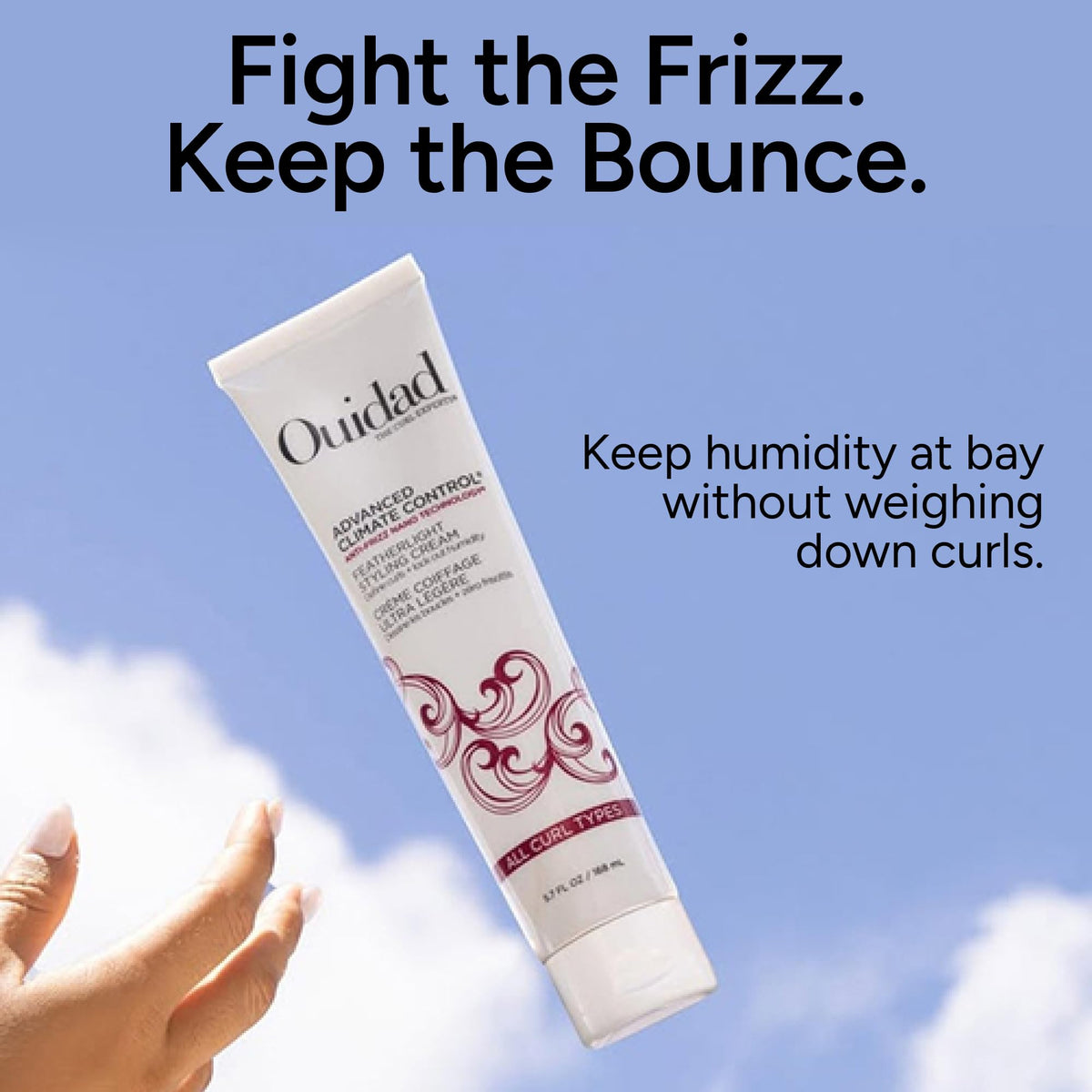 Label close-up on Ouidad packaging highlighting key natural oils and clean formula