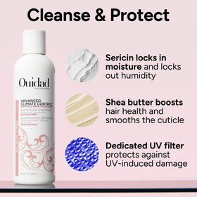 Ouidad pump and label closeup highlighting formula details and easy dispensing
