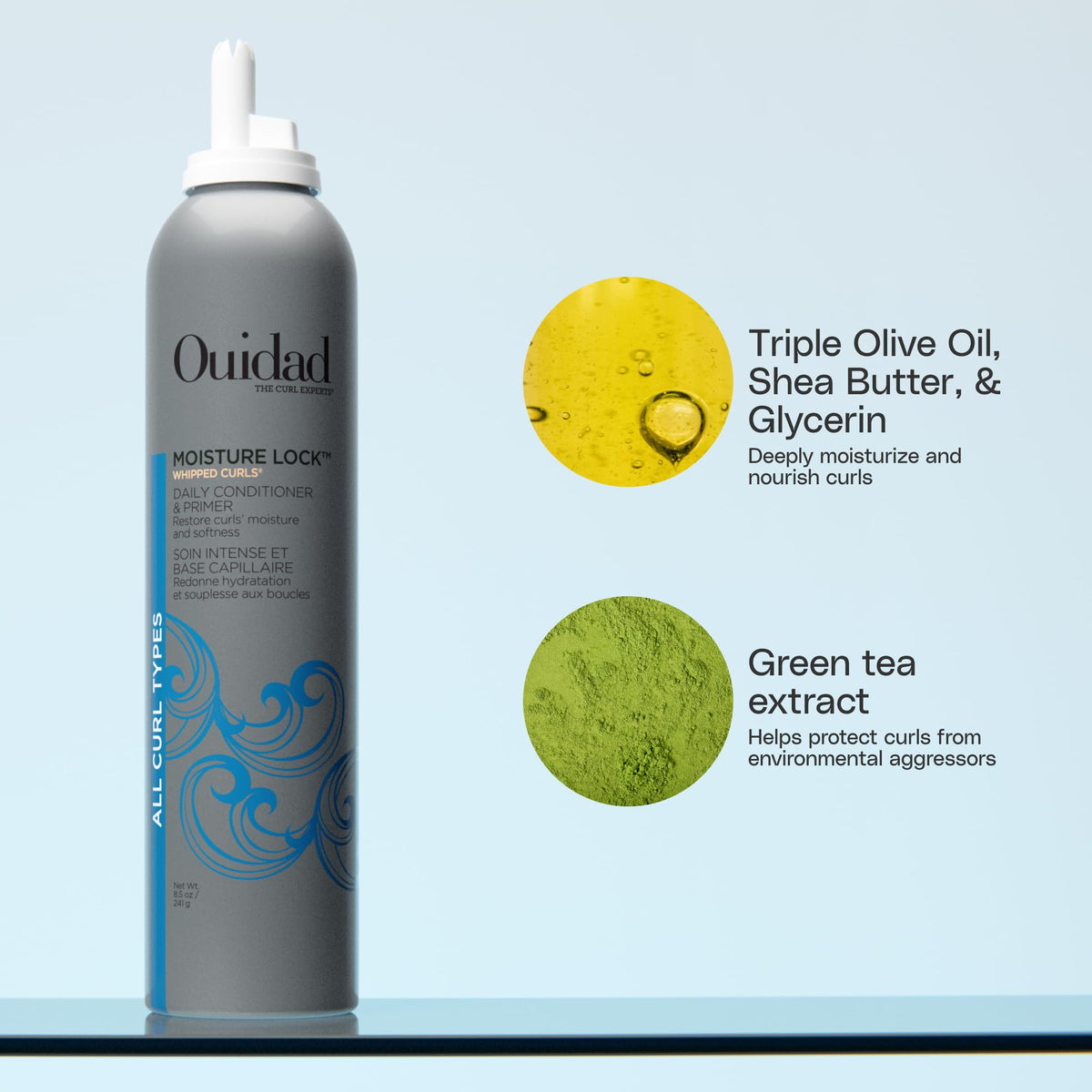 Ouidad pump and label detail showing ingredients and clean-formula reassurance
