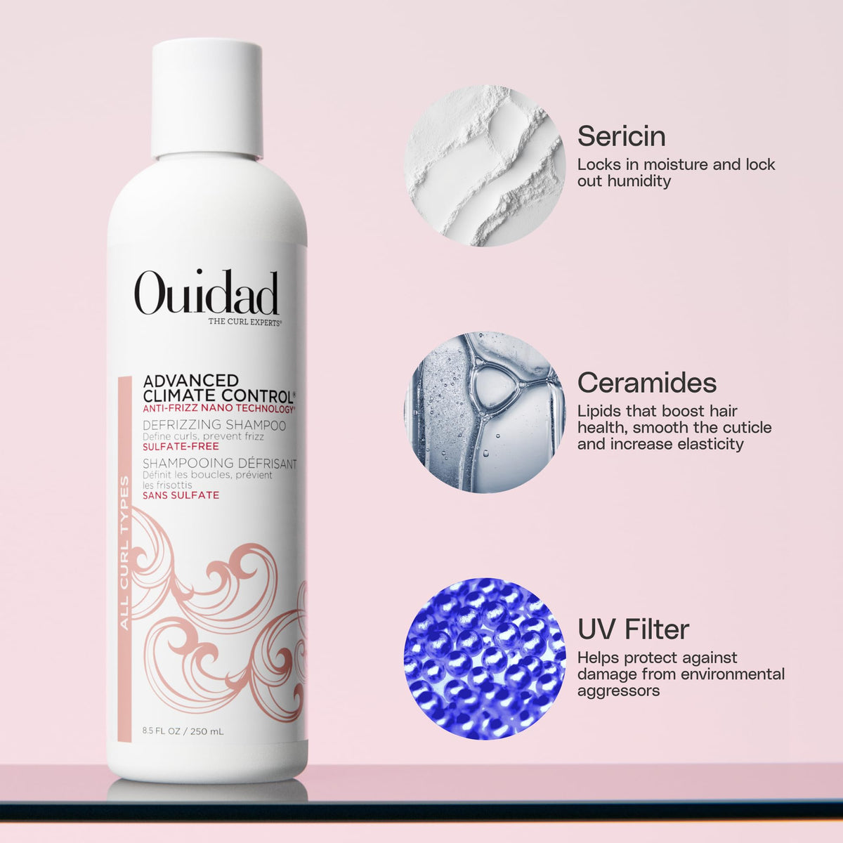Ouidad shampoo pump close-up highlighting gentle, sulfate-free cleansing benefit
