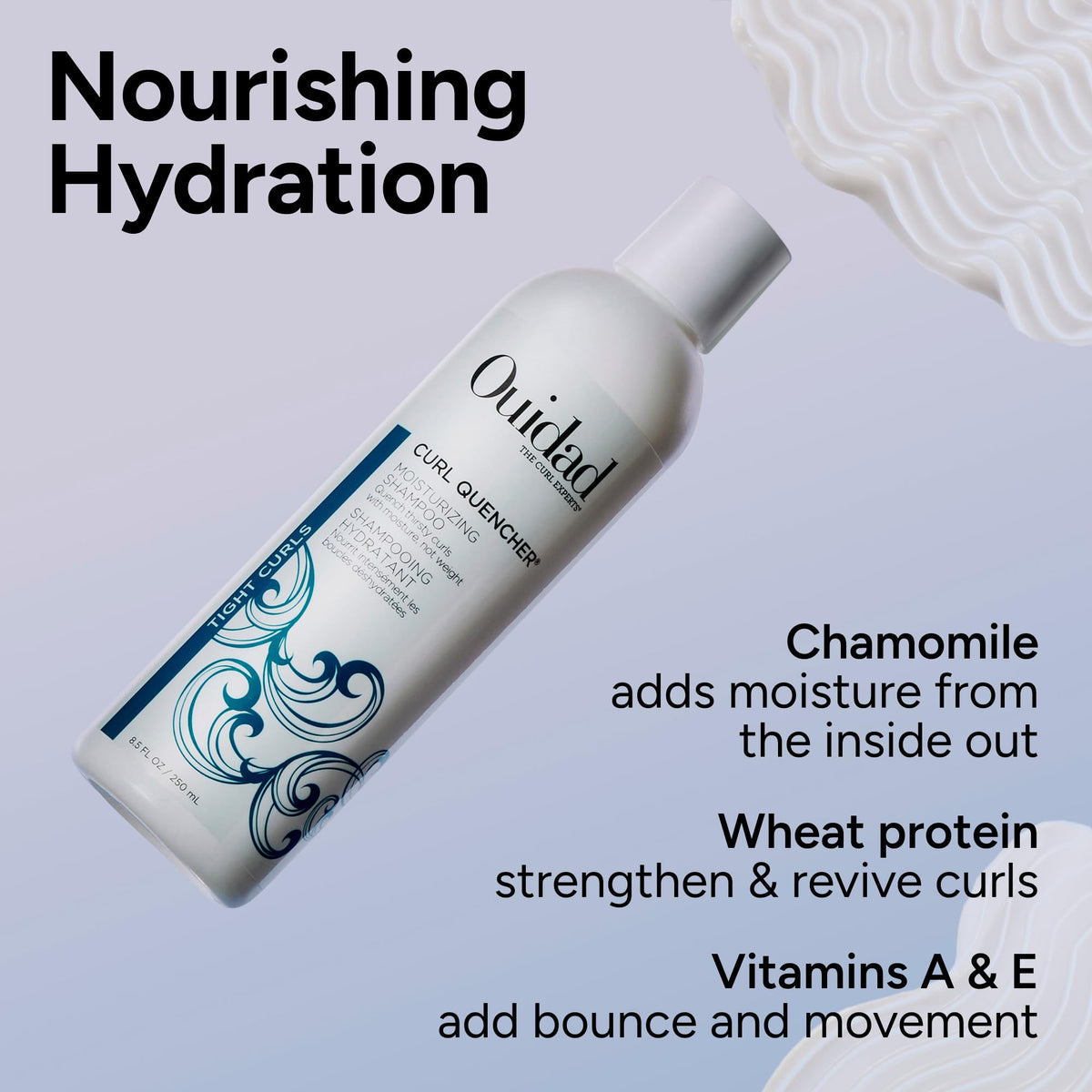Texture on hand of Ouidad shampoo illustrating creamy, hydrating formula for curls