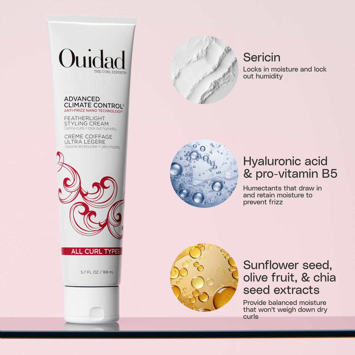 Close-up texture of Ouidad cream highlighting lightweight consistency and hydrate benefit