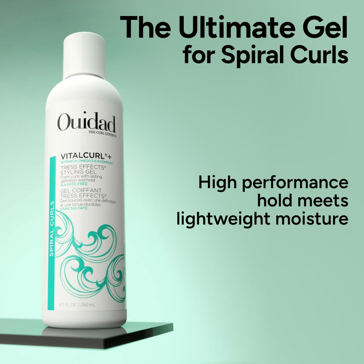 Size comparison of Ouidad 8.5 fl oz to indicate travel-friendly capacity