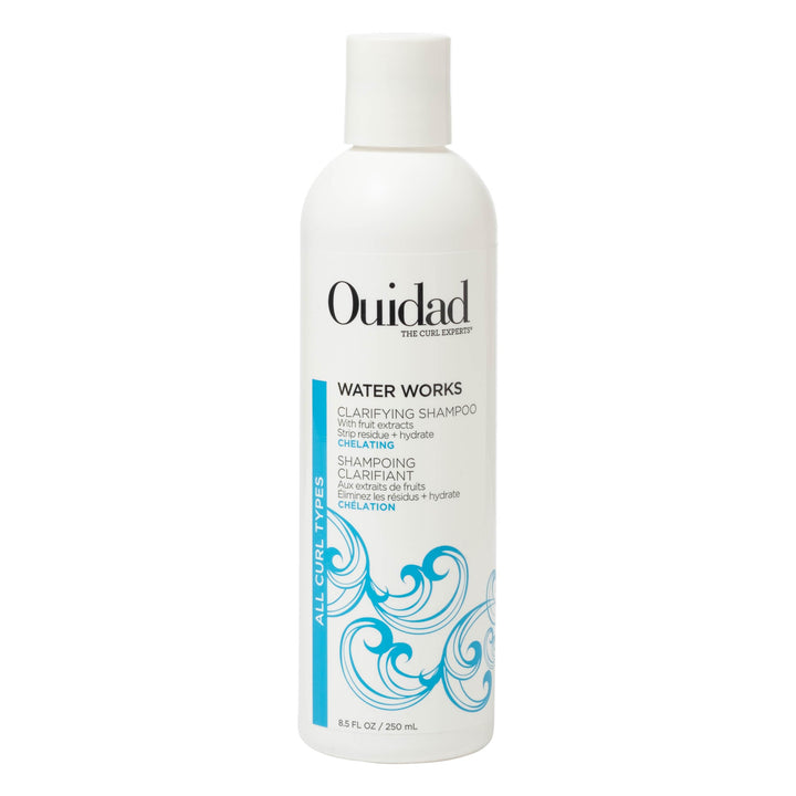 Ouidad Water Works bottle front label showcasing product for clarifying curls and clean scalp