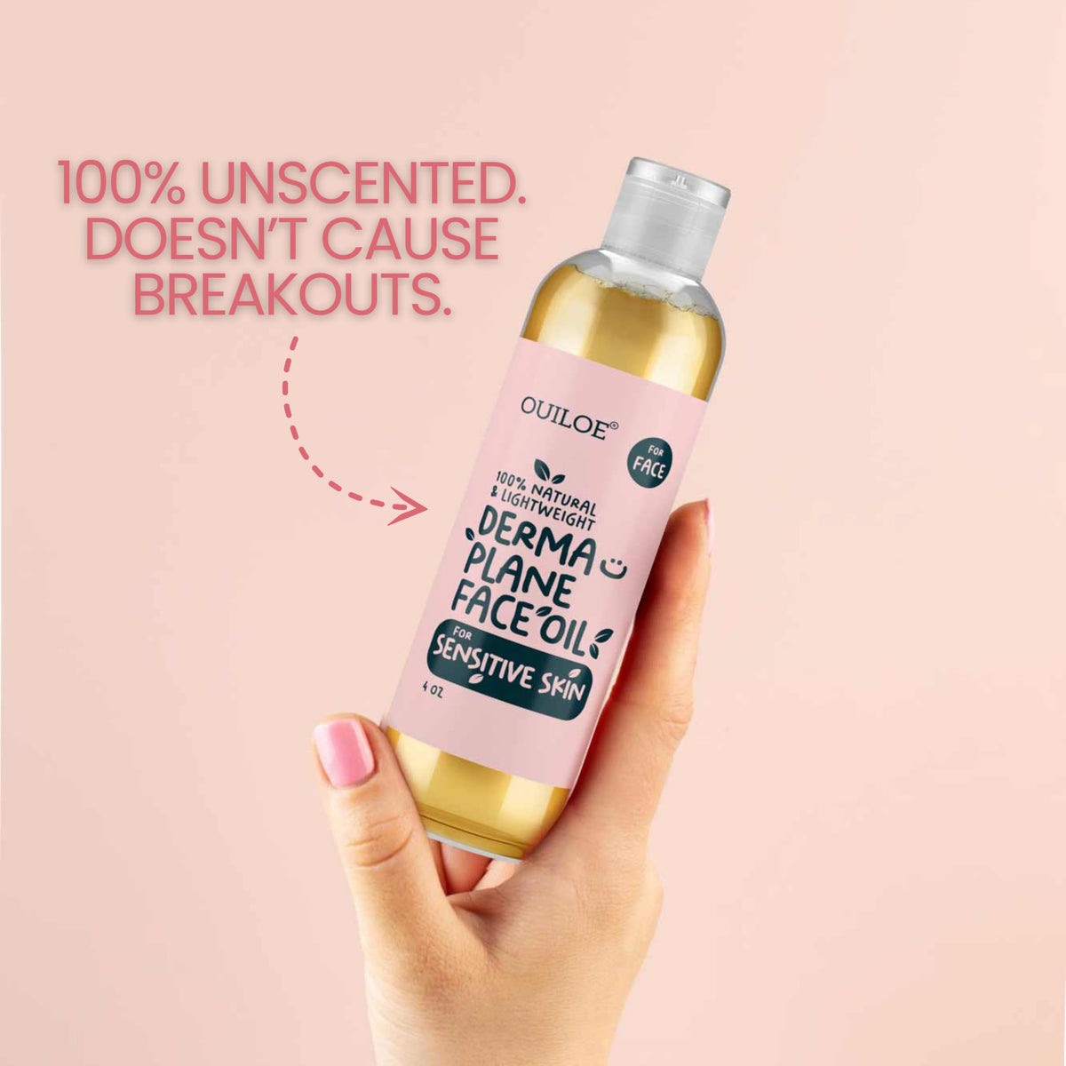 Ouiloe label detail listing natural non-comedogenic ingredients clearly