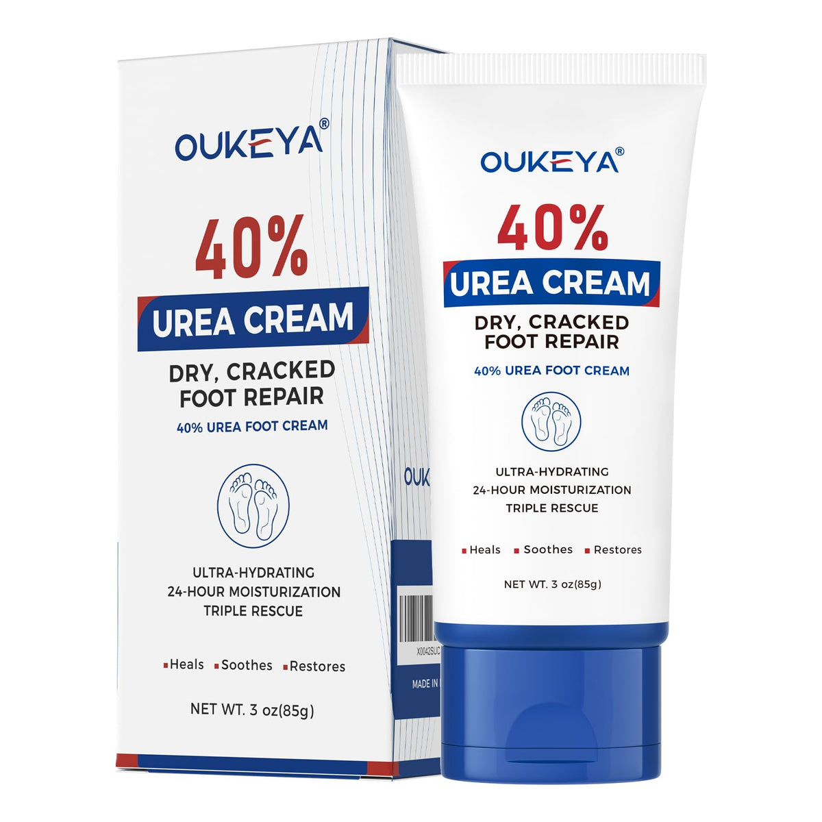 OUKEYA 40% urea cream front tube showing compact travel-ready packaging and clarity