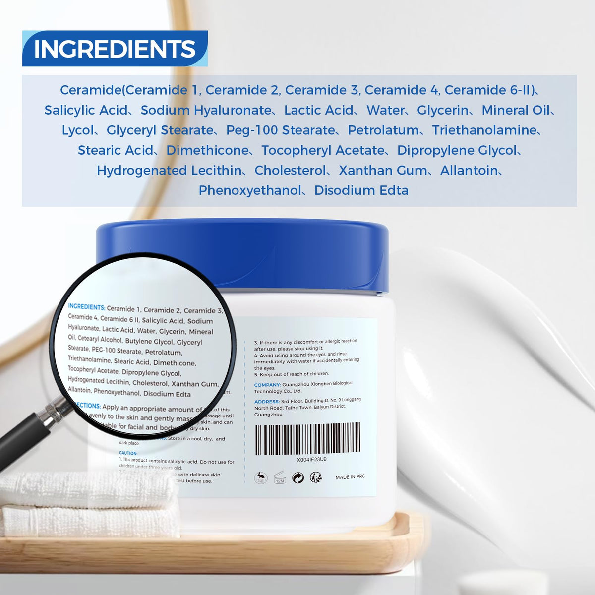 OUKEYA pump and label closeup highlighting active ingredients and claim