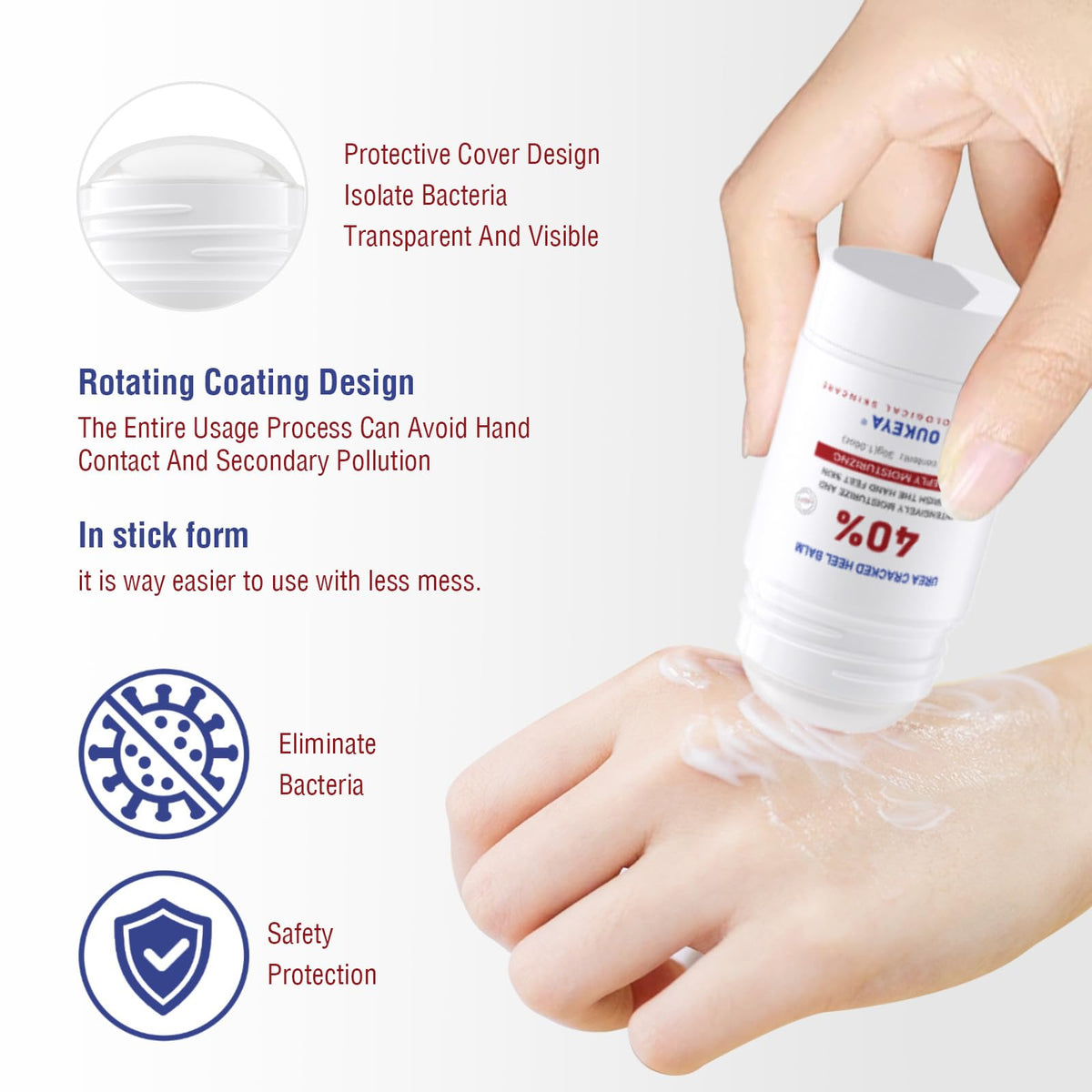 OUKEYA urea stick with cap removed demonstrating twist-up dispenser benefit: hygienic application