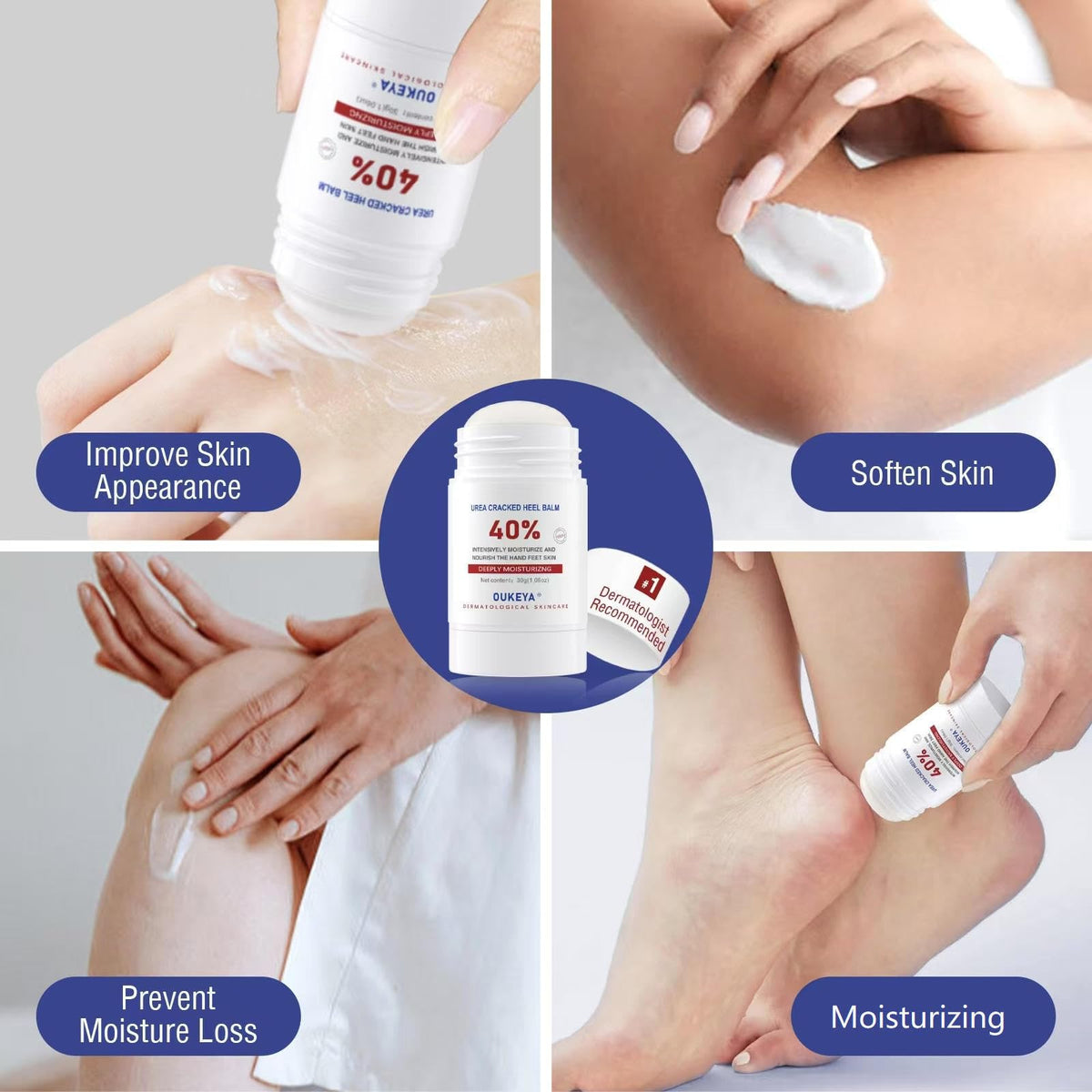 OUKEYA urea stick being applied to heel showing targeted treatment benefit: softens hard skin