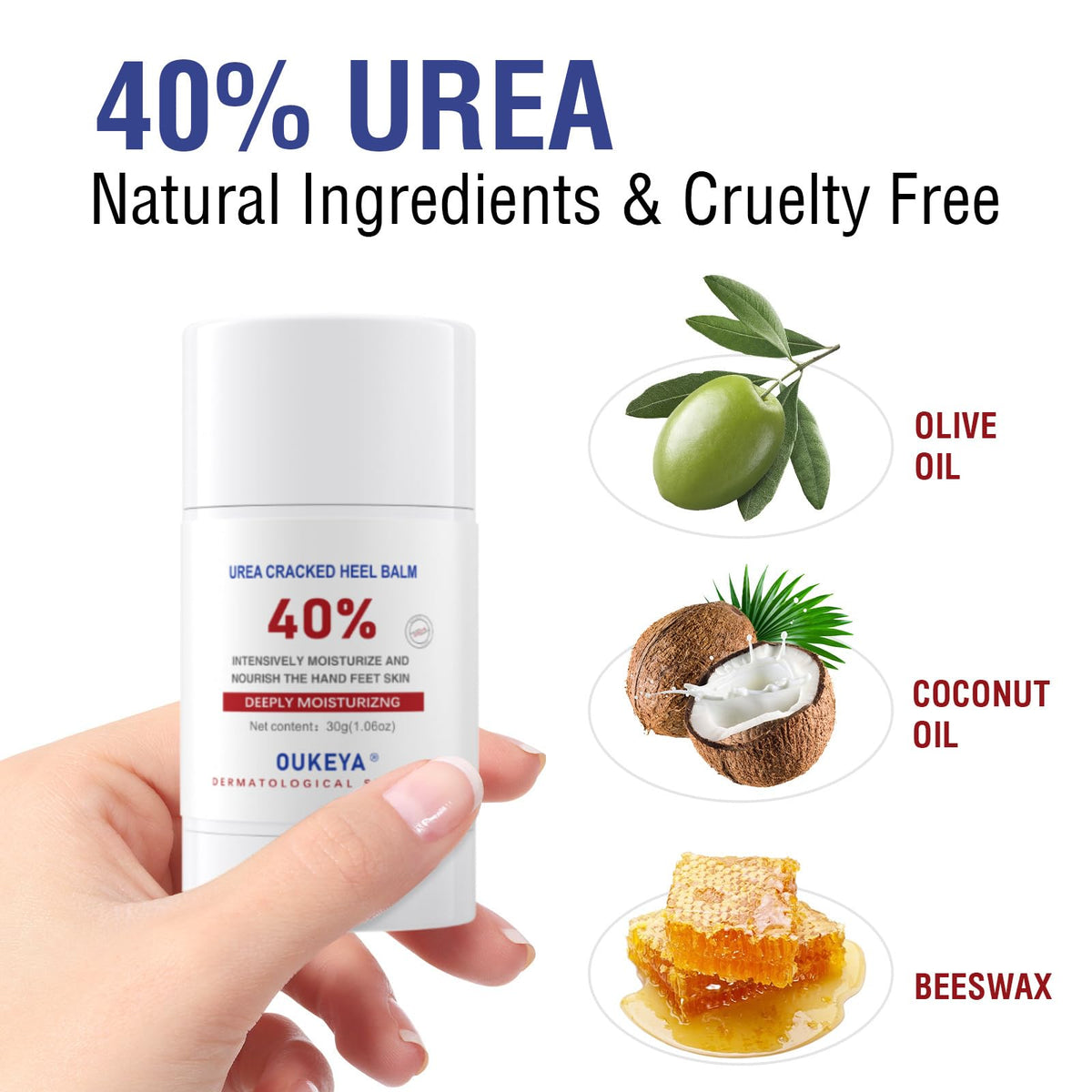 OUKEYA urea stick balm texture close-up showing smooth consistency benefit: easy absorption