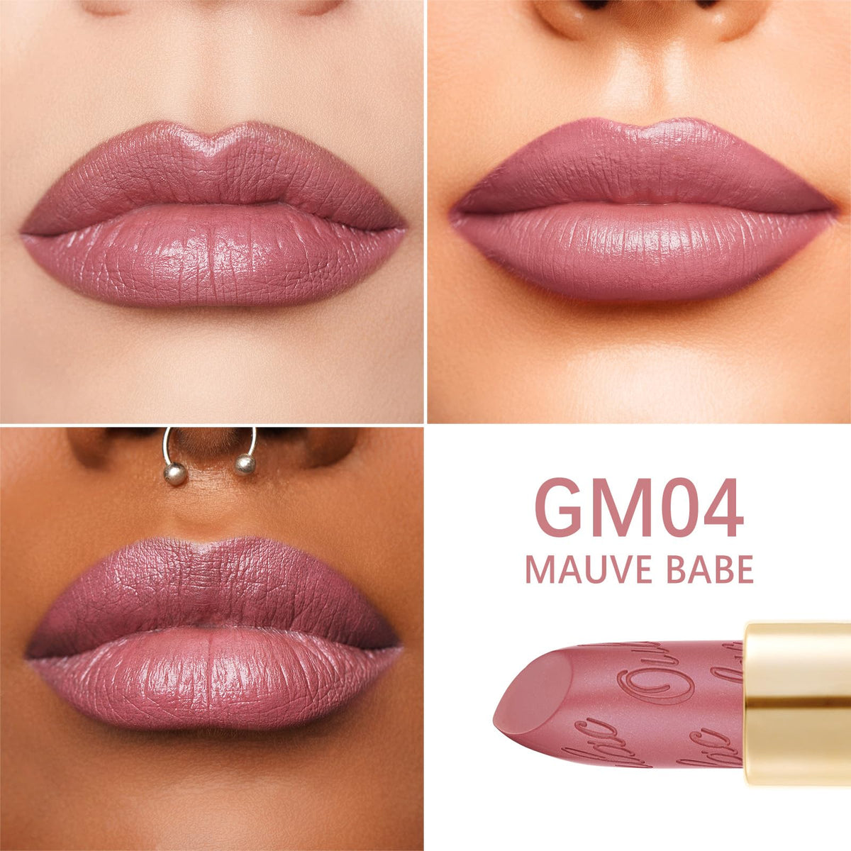 Oulac applied on lips close-up showing hydrated mauve metallic look