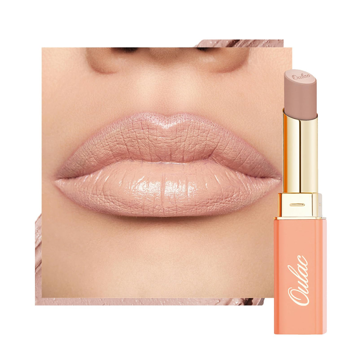 Oulac beige lipstick front packaging shows elegant compact design and shade