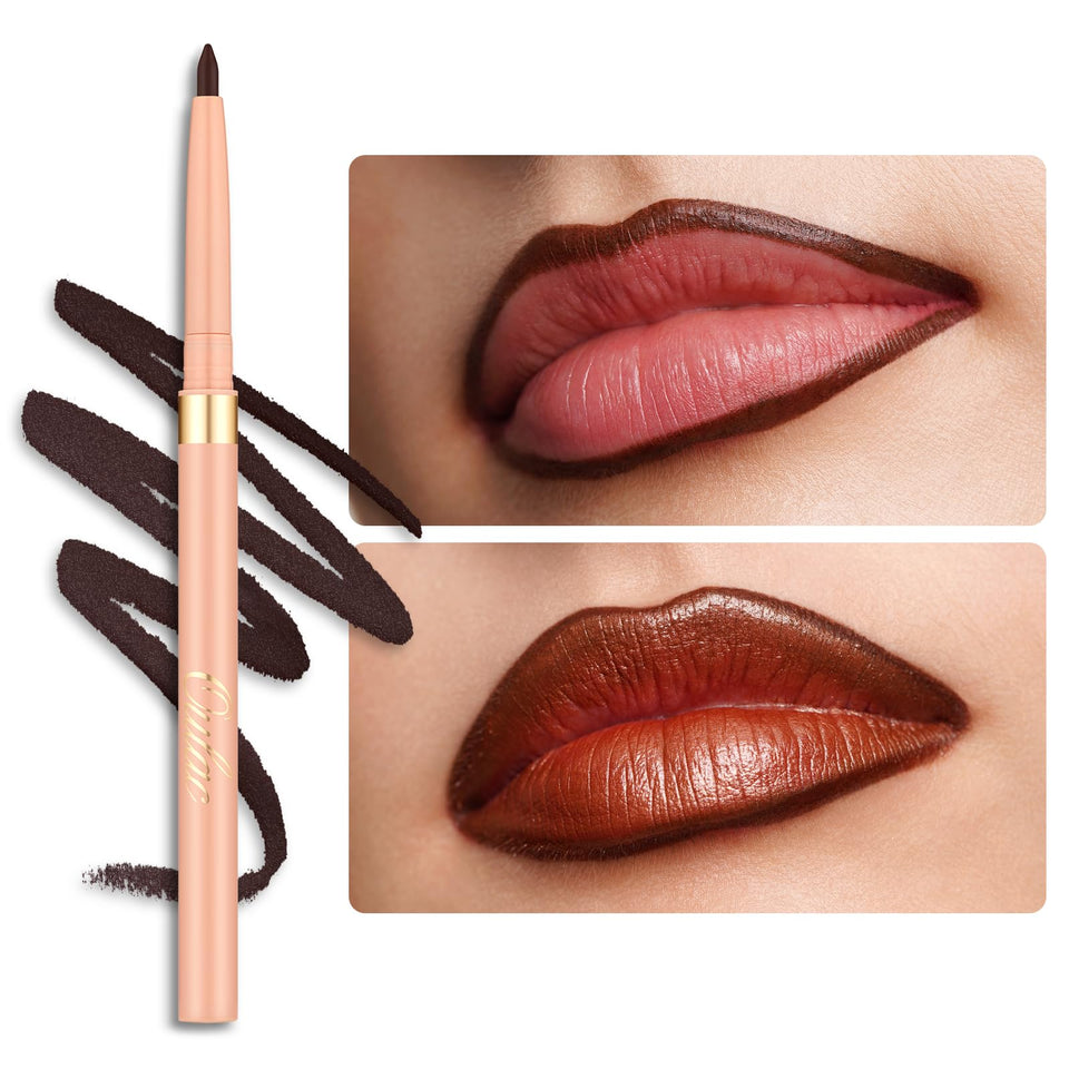 Oulac front view of the brown lip liner showing shade and packaging benefits