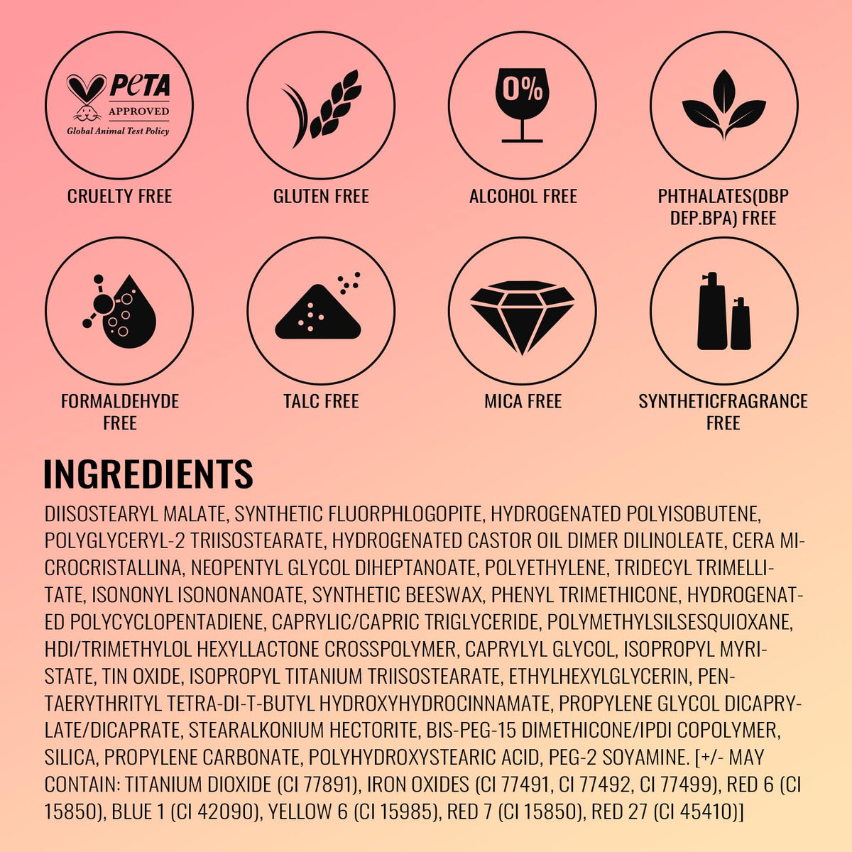 Oulac coral pink ingredients icons showing coconut and castor oils for hydration