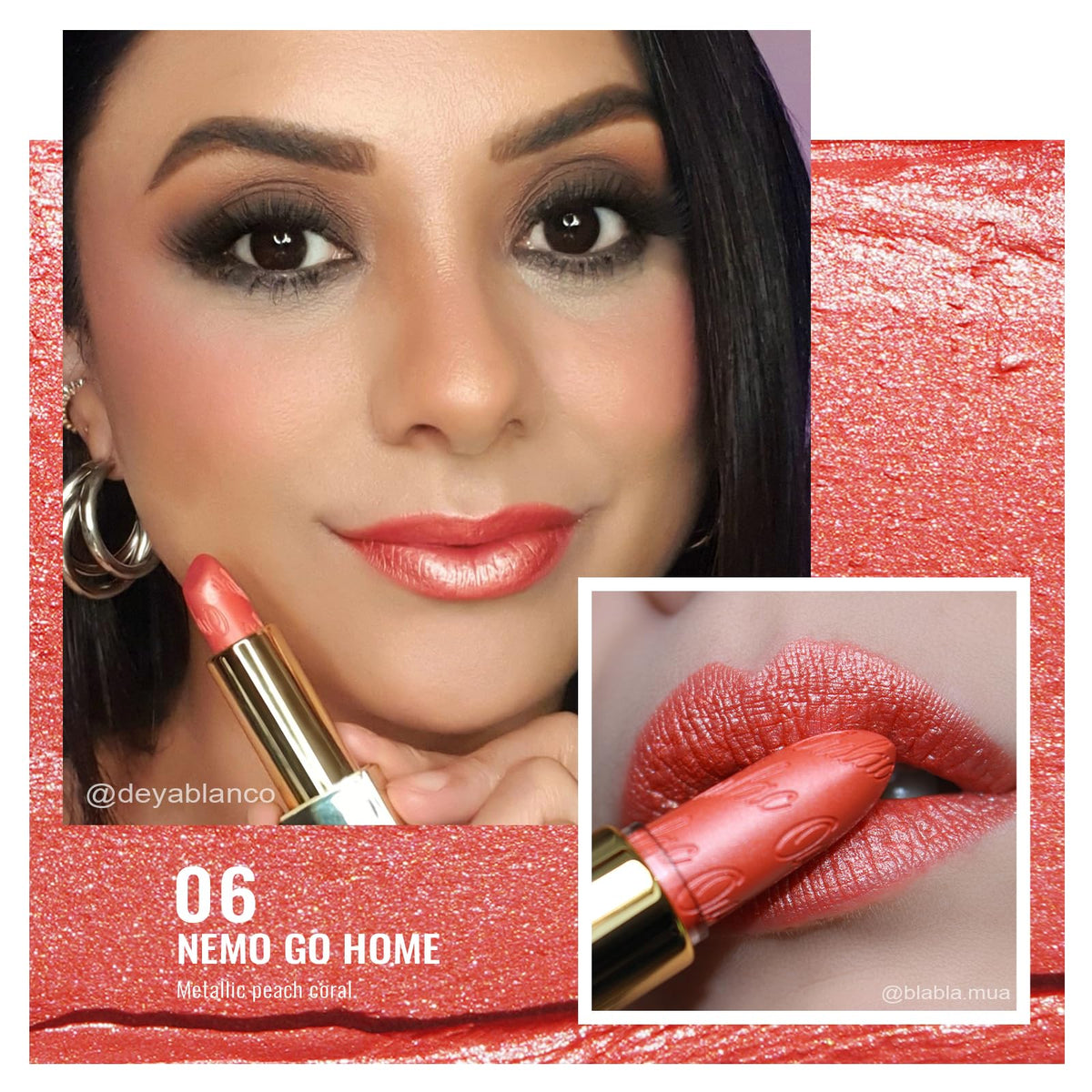 Oulac coral pink lipstick bullet close-up highlighting smooth metallic shimmer