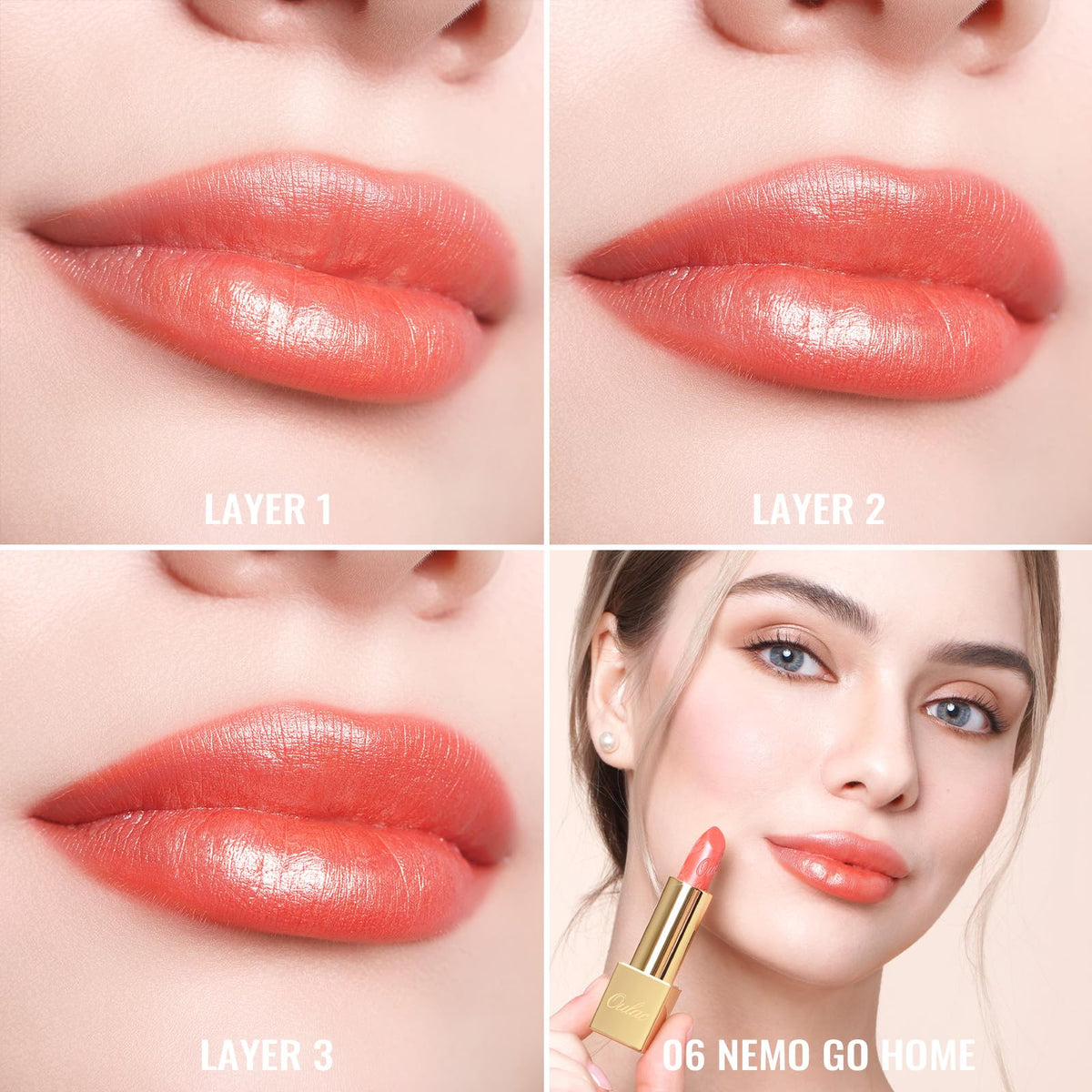 Oulac coral pink applied on model in daylight for natural coral-pink glow