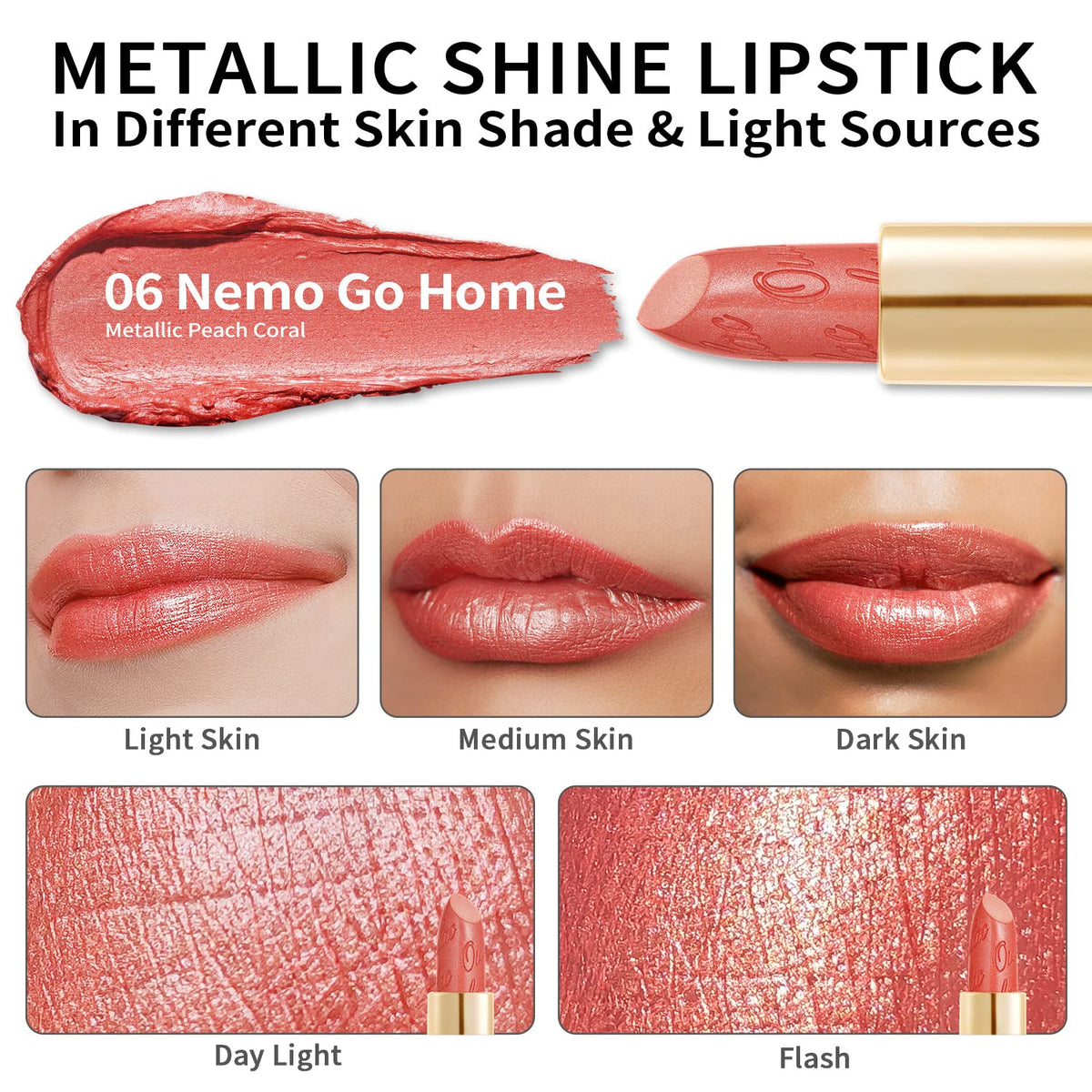 Oulac coral pink on model in evening lighting showing bold metallic sheen