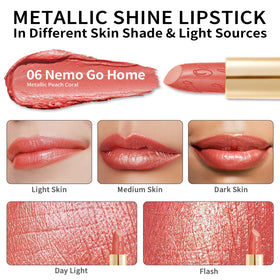Oulac coral pink on model in evening lighting showing bold metallic sheen