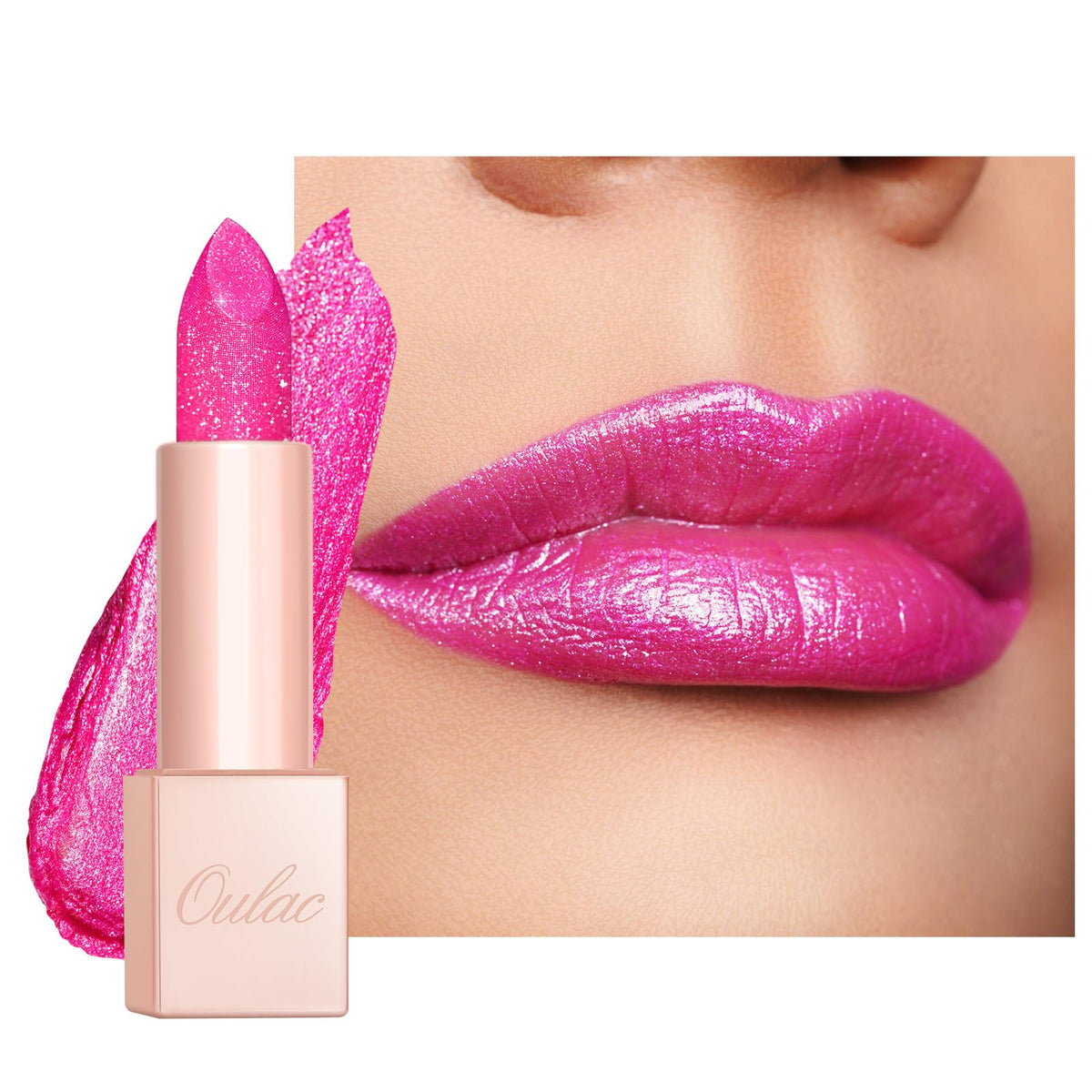 Oulac front packaging showing pink shimmer finish and luxe magnetized case benefit: elegant storage