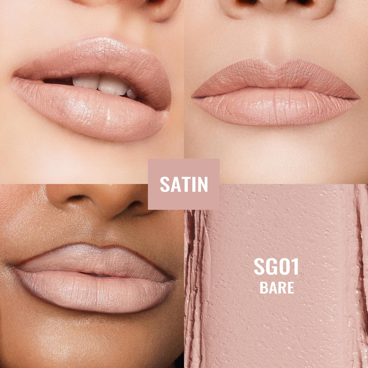 Oulac lipstick application on lips showing full-coverage pale nude result