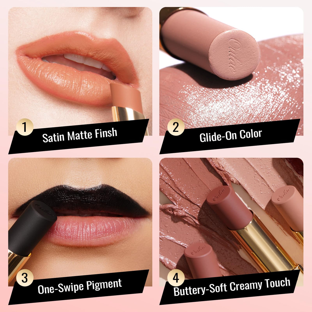 Oulac lipstick open bullet detail showing precise tip and satin-matte surface