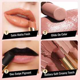 Oulac lipstick open bullet detail showing precise tip and satin-matte surface