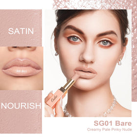 Oulac lipstick swatch on arm shows true nude color and smooth coverage