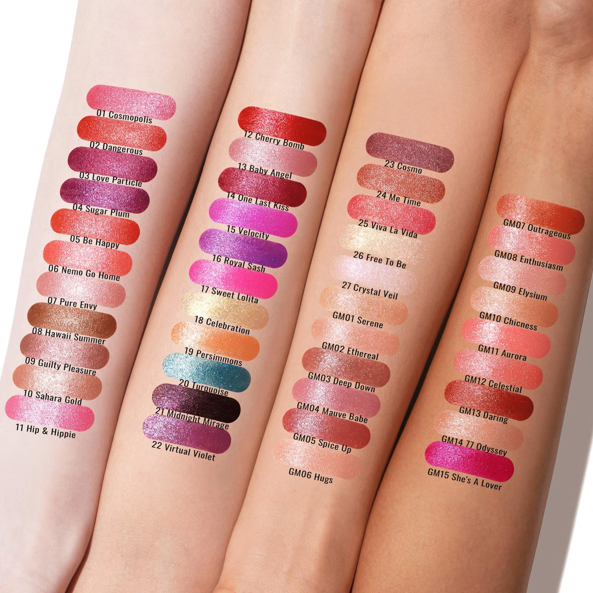 Oulac shade swatches on arm showing color depth and buildability