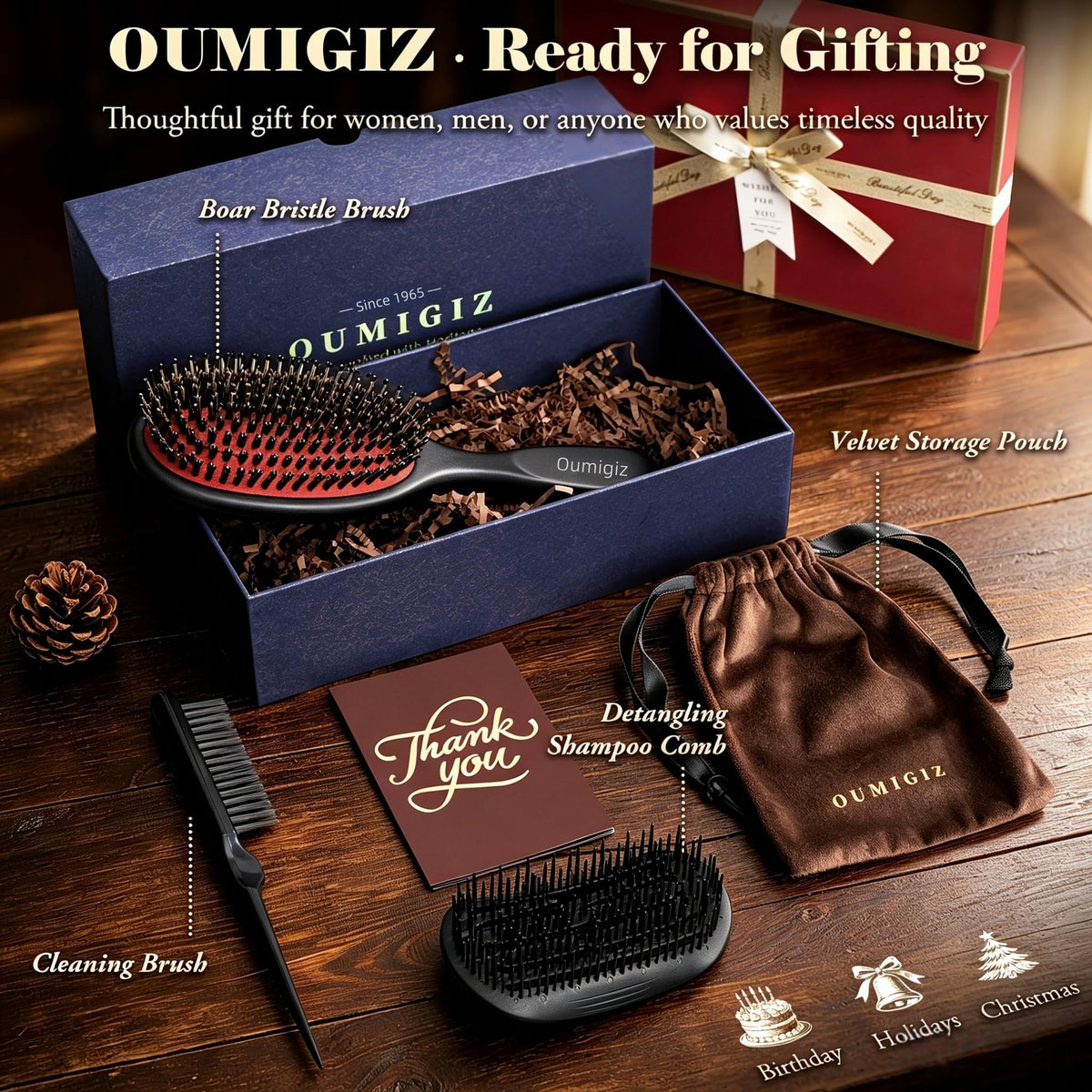 Oumigiz in-use slick-back styling showing polished finish and frizz control