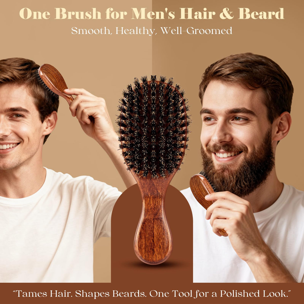 Oumigiz brush held in hand to show scale and portability for travel grooming