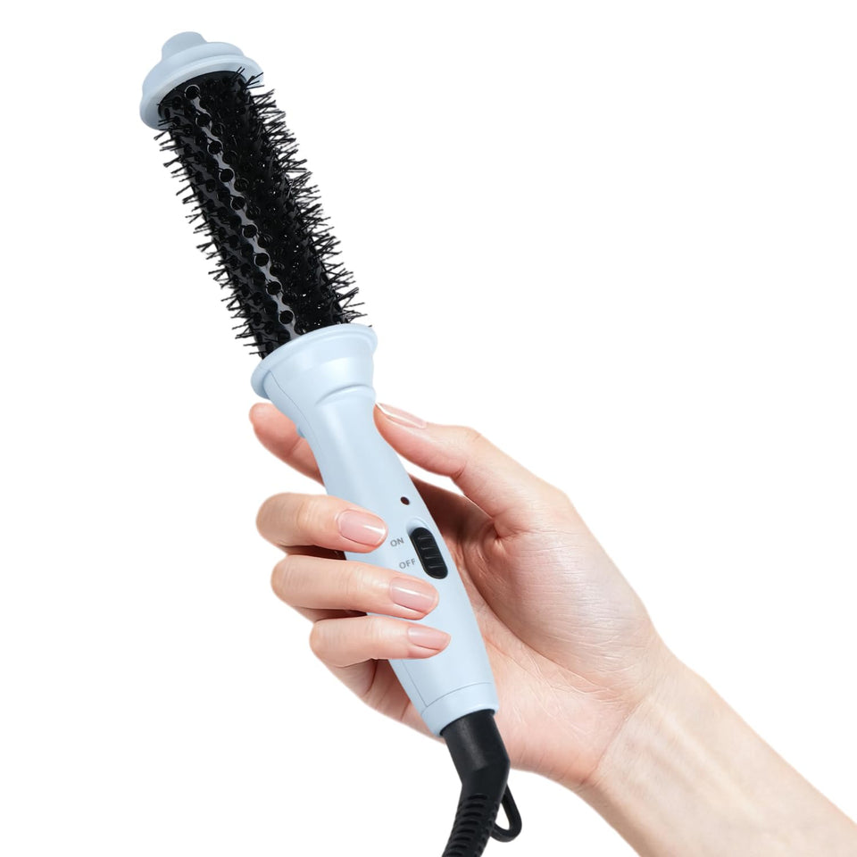 Ouphiny mini heated round brush front view showing compact blue barrel and handle for easy styling