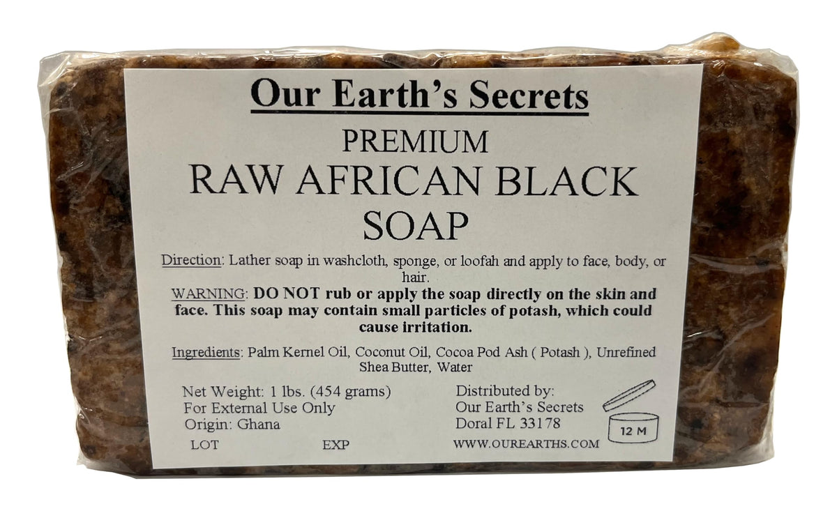 Our Earth's Secrets front packaging showing 1 lb bar and natural look, highlights authenticity