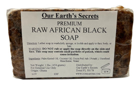 Our Earth's Secrets front packaging showing 1 lb bar and natural look, highlights authenticity