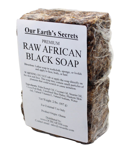 Our Earth's Secrets front packaging showing 2 lb raw soap and origin benefits