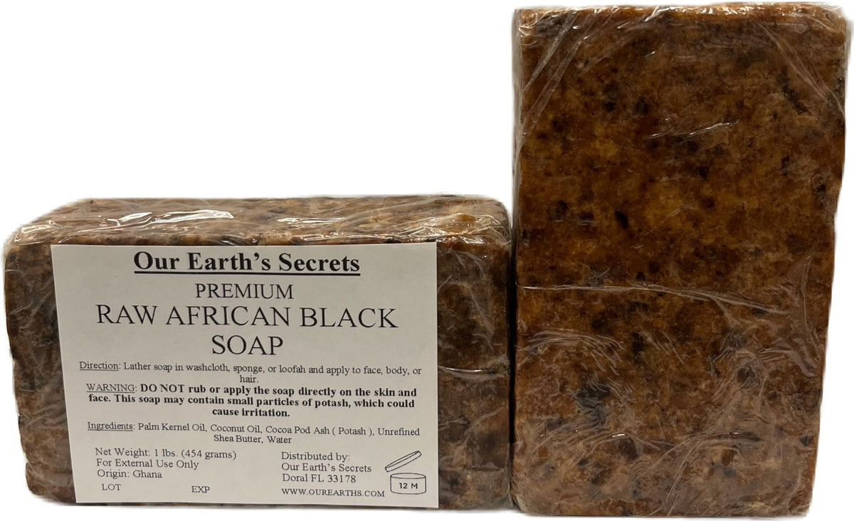 Our Earth's Secrets ingredient label and Ghana origin details, emphasizes traditional sourcing