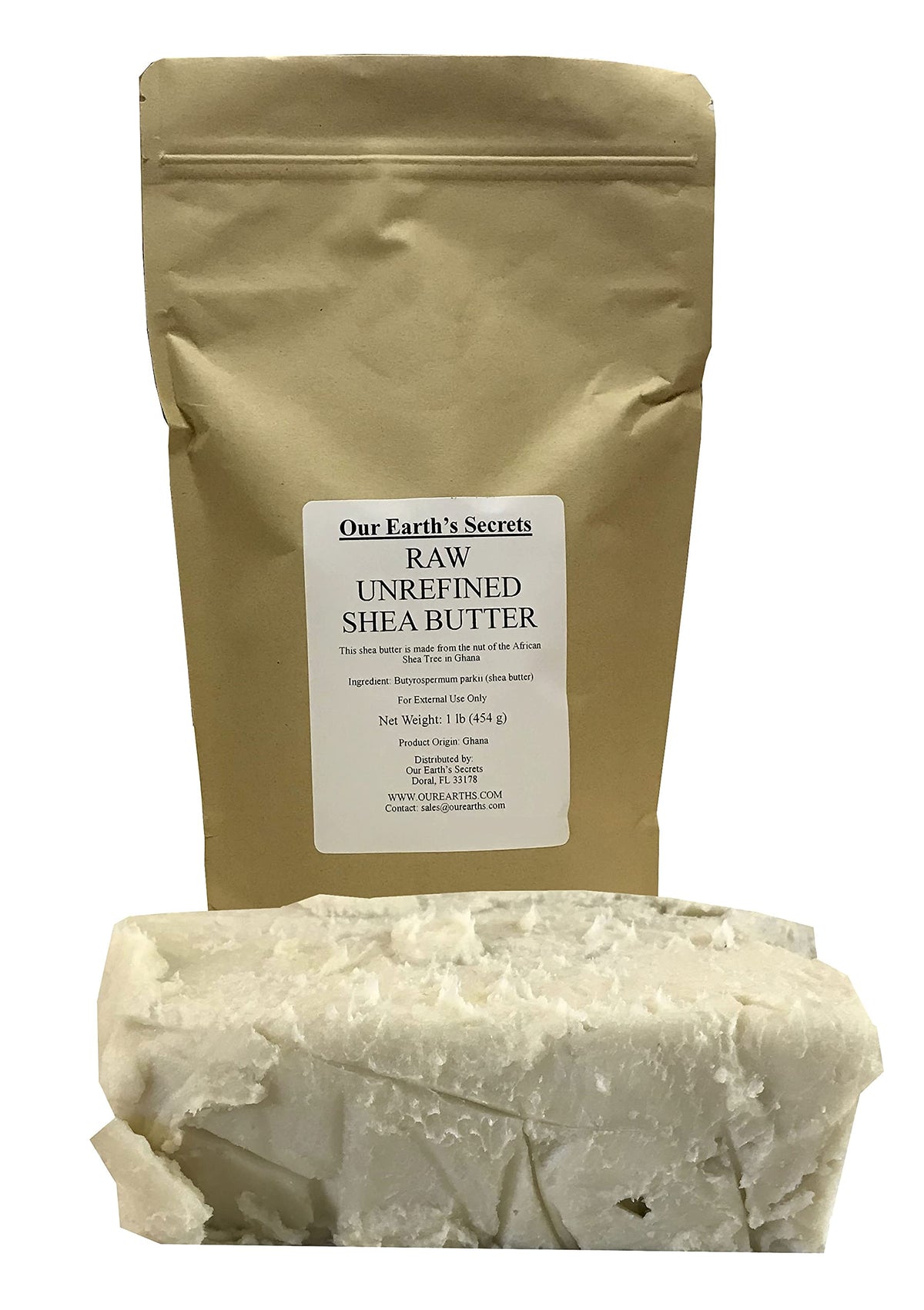 Our Earth's Secrets front packaging of 1 lb ivory shea butter showing natural block
