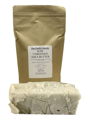 Our Earth's Secrets front packaging of 1 lb ivory shea butter showing natural block