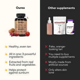 Ourea lifestyle beach setting with product in scene suggesting year-round skin tone maintenance and glow