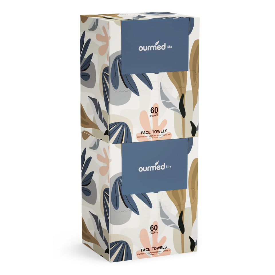 ourmed life front package showing 120-count and large towel size, highlights convenience