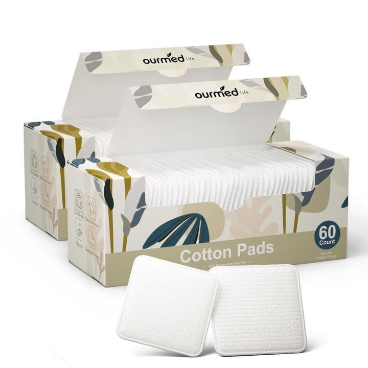 ourmed life front packaging showing 120 count and large cotton pad benefit