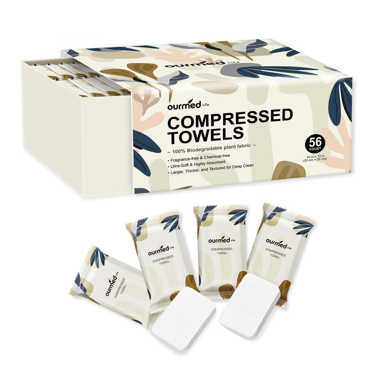 ourmed life front packaging showing 56-count compact travel towels and convenience