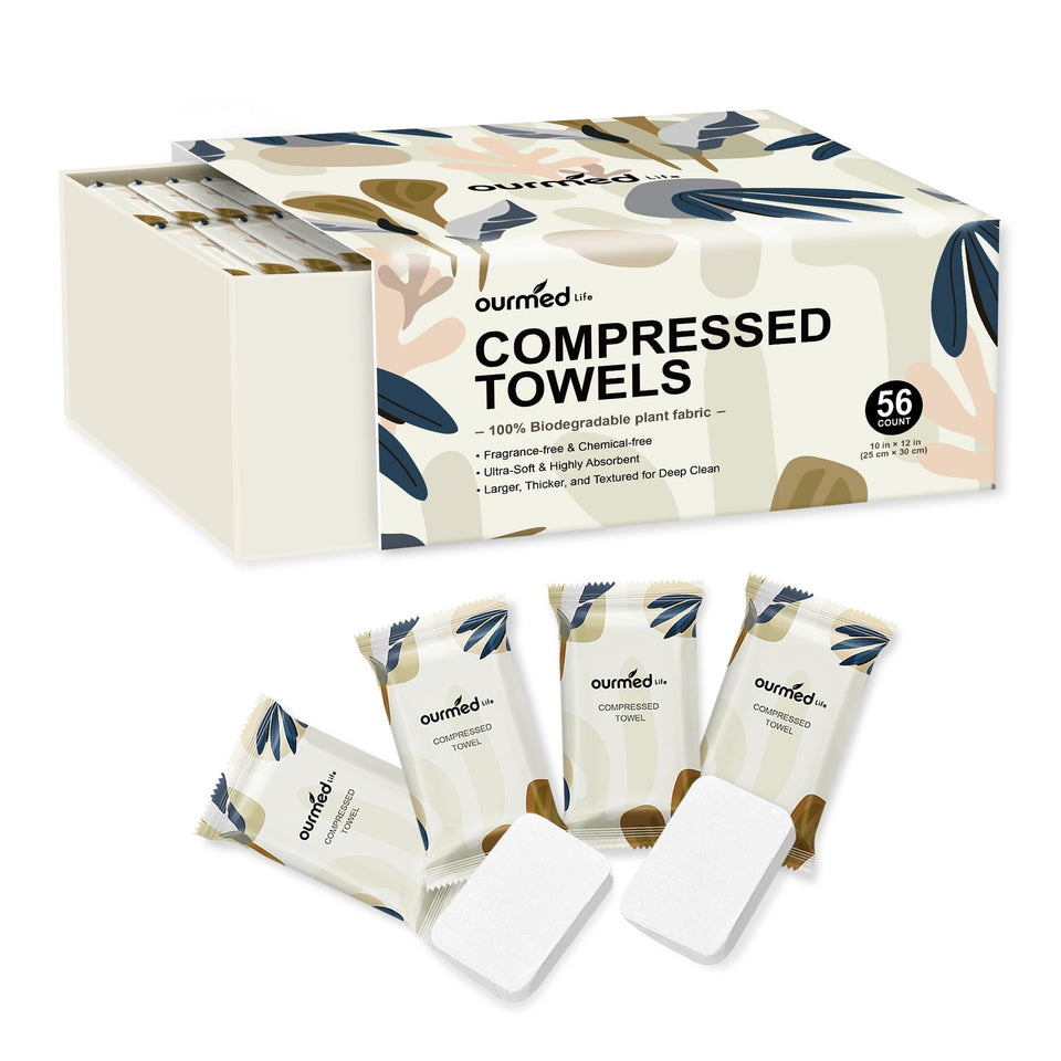 ourmed life front packaging showing 56-count compact travel towels and convenience