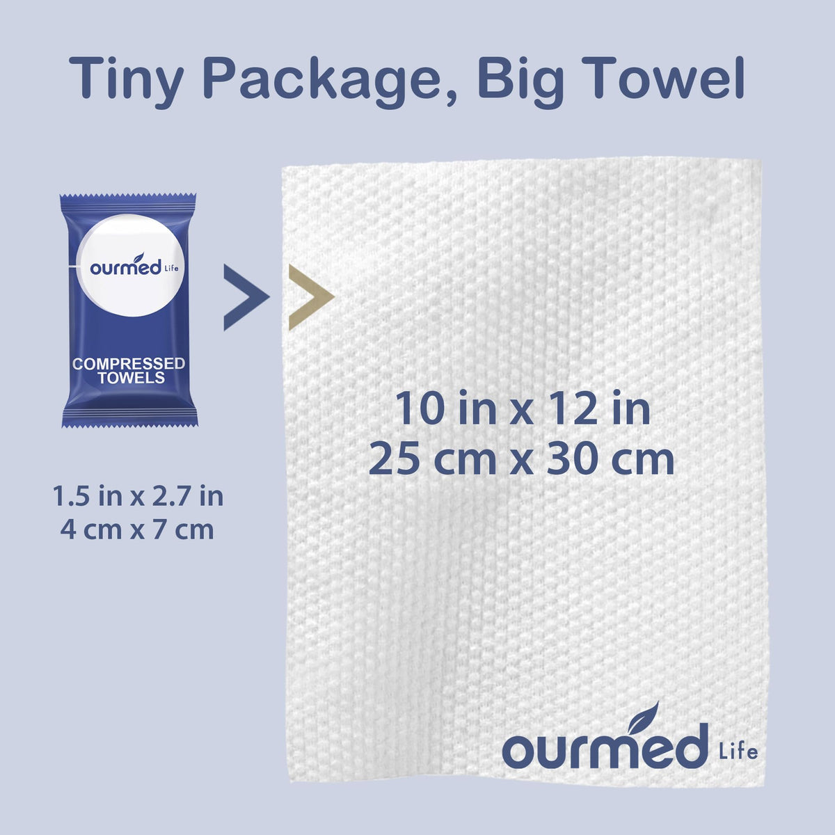 ourmed life towel compared to hand to show scale and travel size
