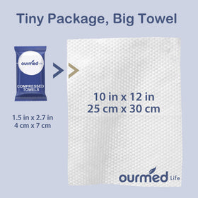 ourmed life towel compared to hand to show scale and travel size