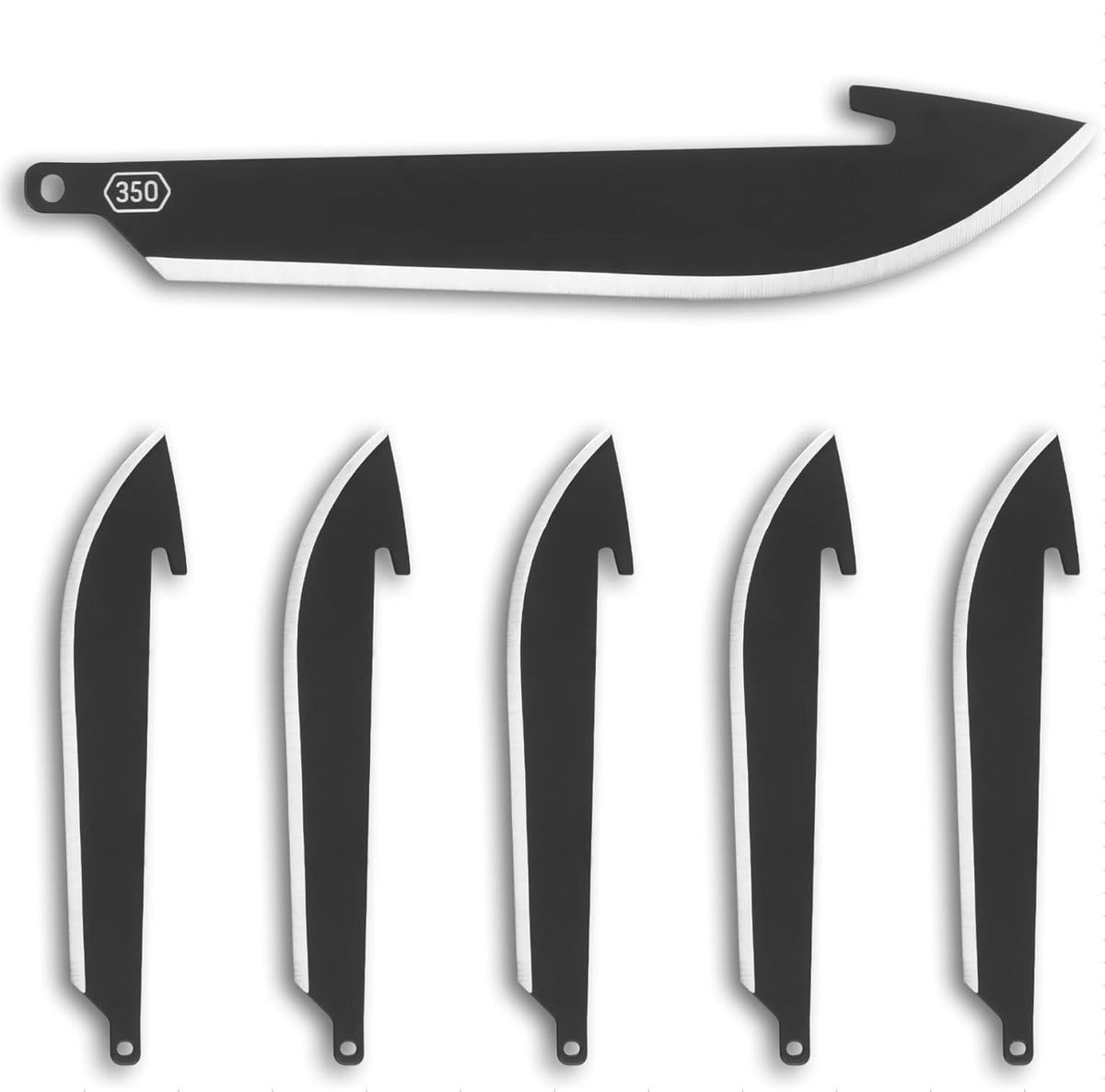 OUTDOOR EDGE front pack of six black 3.5-inch replacement blades, ready for quick swaps