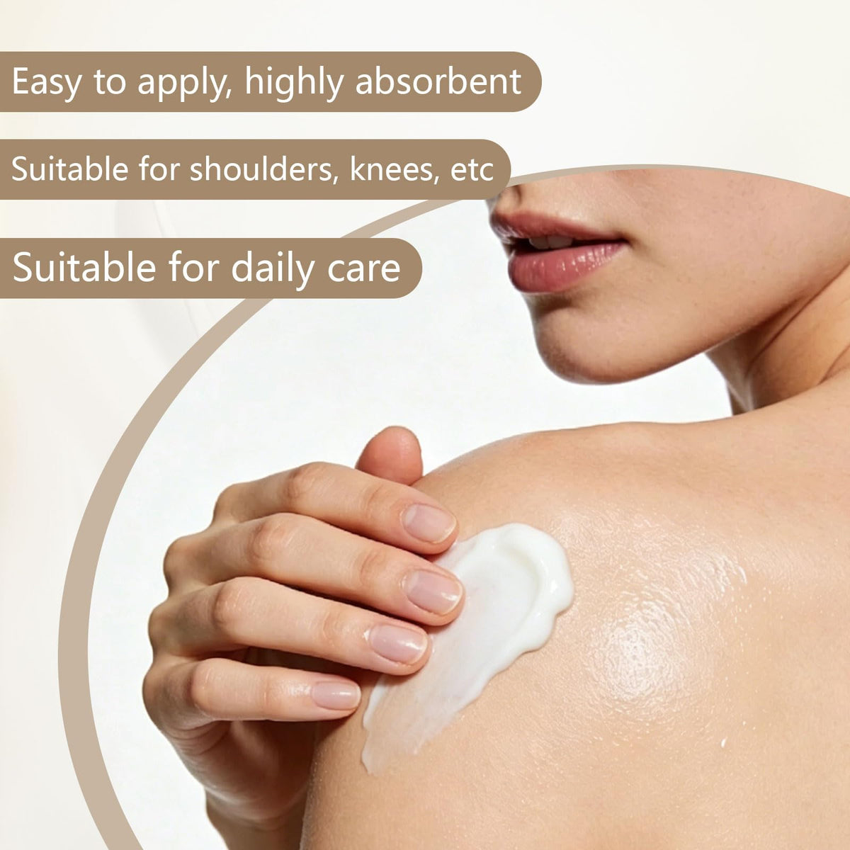 Outfield Organics hand applying to shoulder demonstrating easy absorption benefit